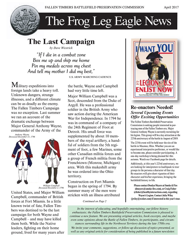 Front page of FTBPC's The Frog Leg Eagle News, April 2017 issue